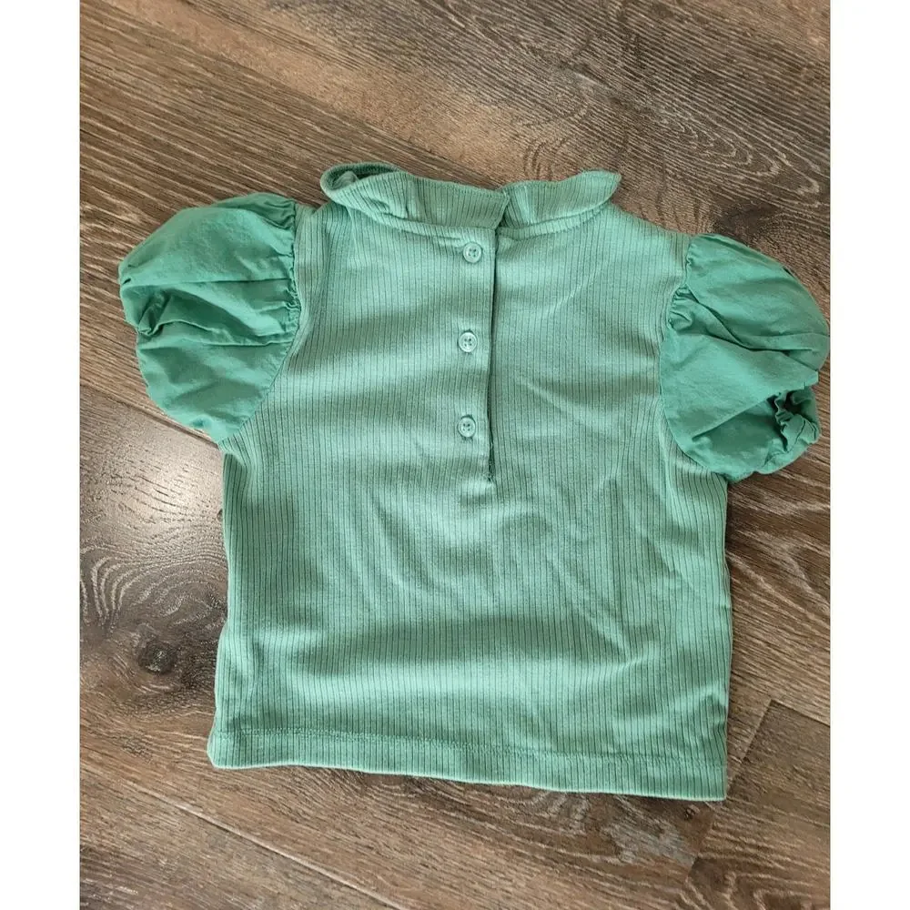 Janie and Jack Toddler Girls Top Mint Pastel Spring Shirt 3 Ruffle Neck Line #5‎